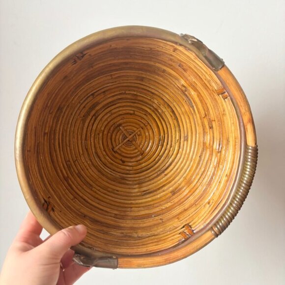 Large Vintage 1970's Italian Brass Rimmed Pencil Bamboo Basket With Handle - Picture 5 of 8